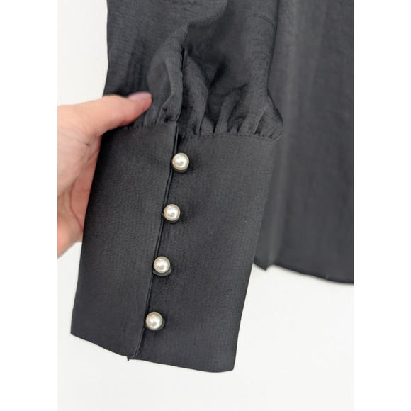 Ann Taylor Black Chiffon Crepe Pearl Button Cuff Mutton Sleeve Classic Blouse XS - Picture 7 of 8